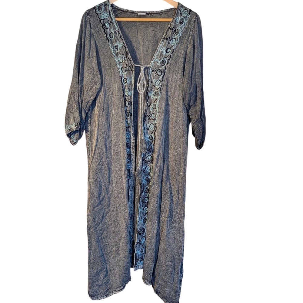 Shoreline Gray Textured Open Cardigan Duster 4xl Embroidered Bohemian Festival